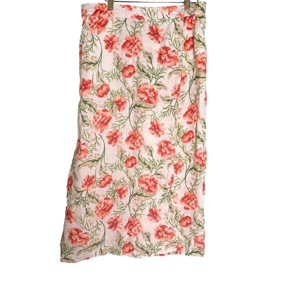 Floral Linen Midi Skirt Red Orange Botanical Print Wrap Skirt Sz L